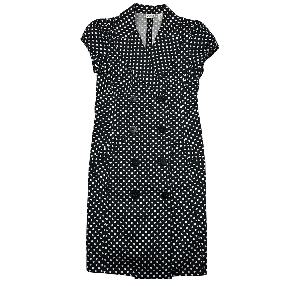 Cato Polka Dot Dress Womens 6 Black White Double Breasted Cotton Cap Sleeve